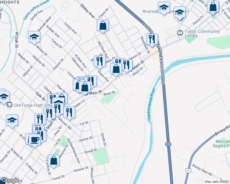 map of restaurants, bars, coffee shops, grocery stores, and more near 334 River St in Old Forge