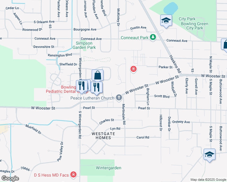 map of restaurants, bars, coffee shops, grocery stores, and more near 1052 West Wooster Street in Bowling Green