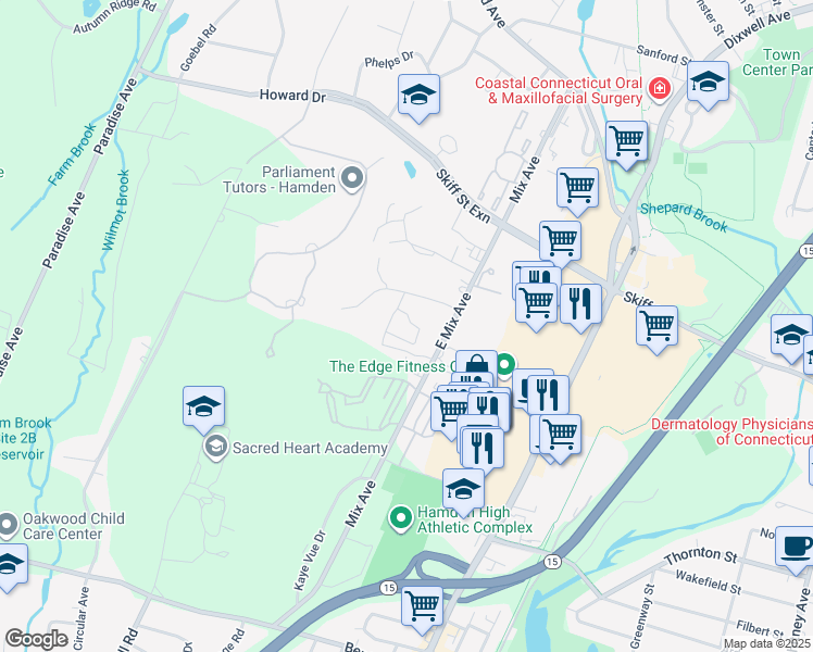 map of restaurants, bars, coffee shops, grocery stores, and more near 740 Mix Avenue in Hamden