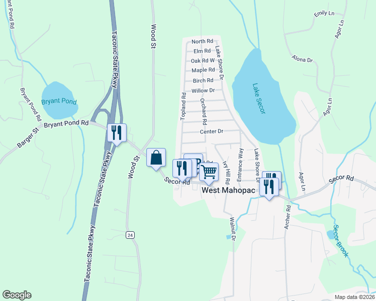 map of restaurants, bars, coffee shops, grocery stores, and more near 11 Topland Road in Mahopac