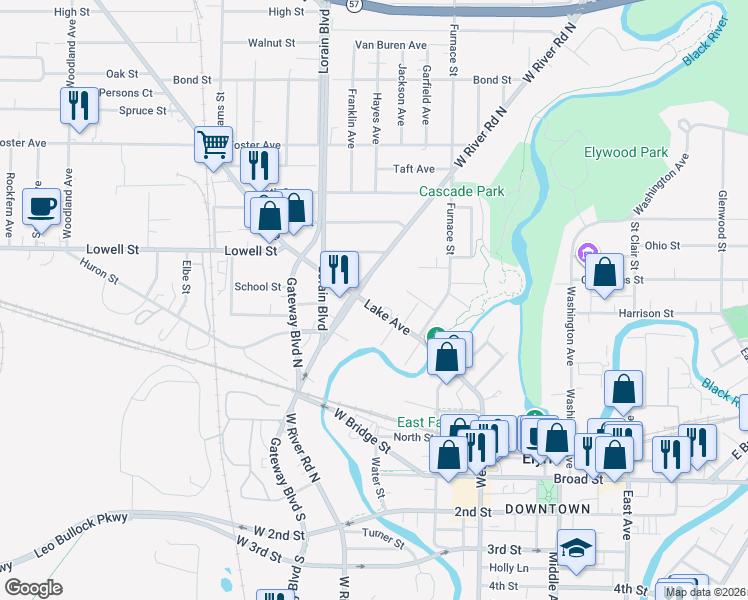 map of restaurants, bars, coffee shops, grocery stores, and more near 237 Lake Avenue in Elyria