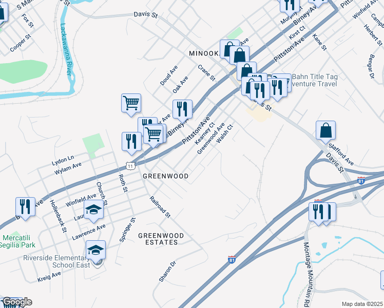 map of restaurants, bars, coffee shops, grocery stores, and more near 3330 Greenwood Avenue in Moosic