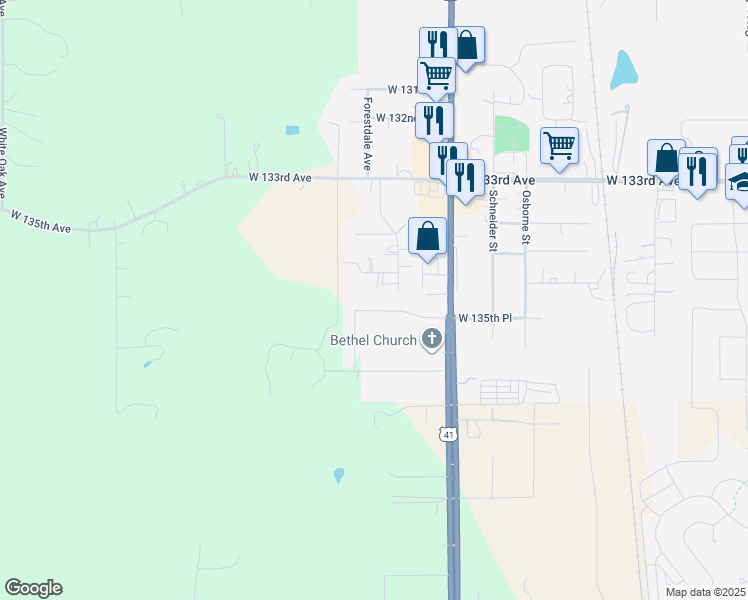 map of restaurants, bars, coffee shops, grocery stores, and more near 13501 Muir St in Cedar Lake