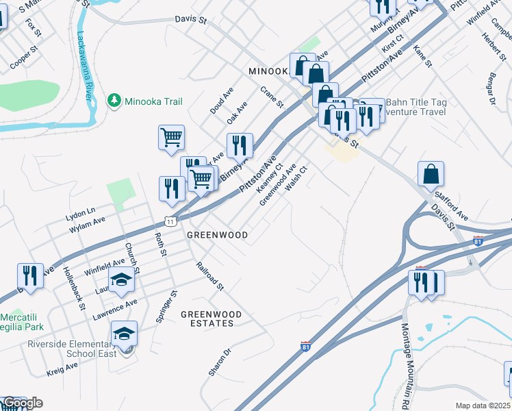 map of restaurants, bars, coffee shops, grocery stores, and more near 3328 Greenwood Avenue in Moosic