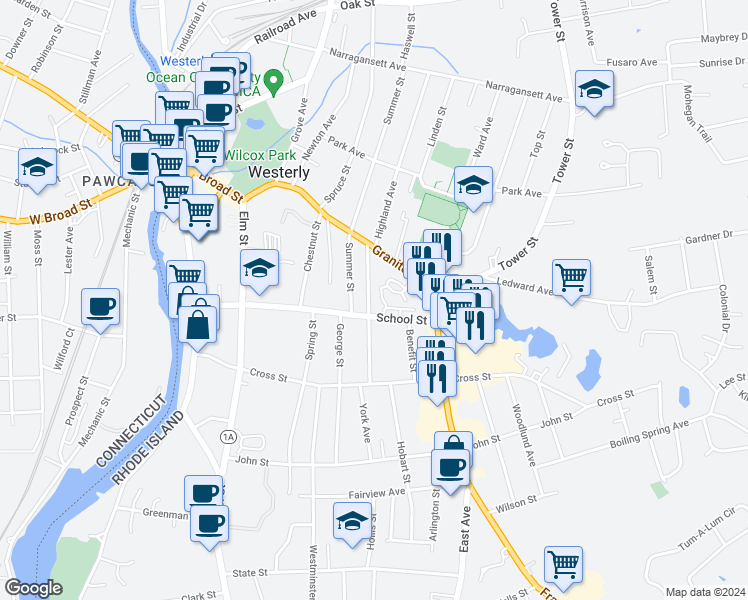 map of restaurants, bars, coffee shops, grocery stores, and more near 60 School Street in Westerly