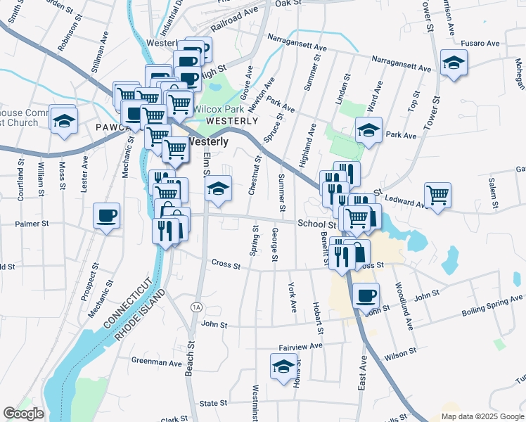 map of restaurants, bars, coffee shops, grocery stores, and more near 35 School Street in Westerly
