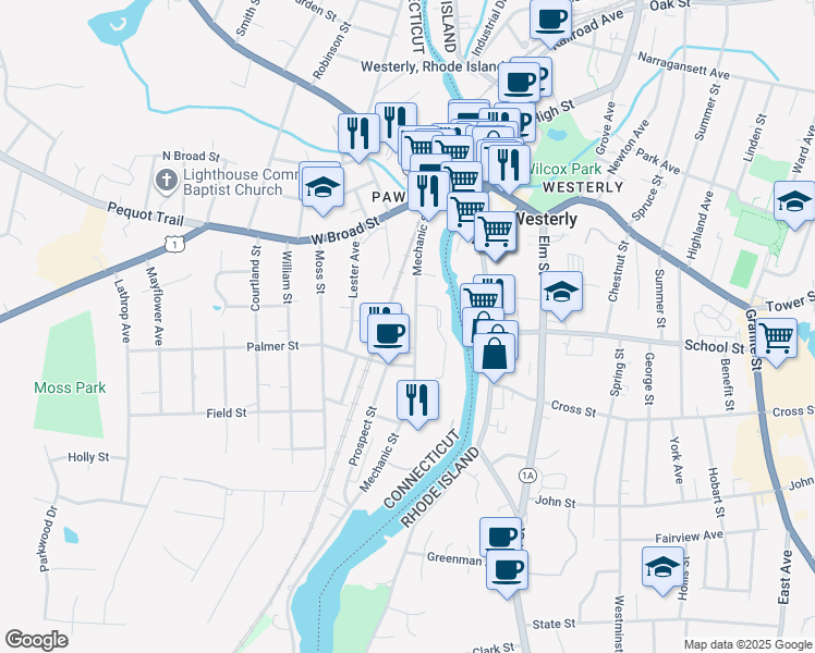 map of restaurants, bars, coffee shops, grocery stores, and more near 82 Mechanic Street in Stonington