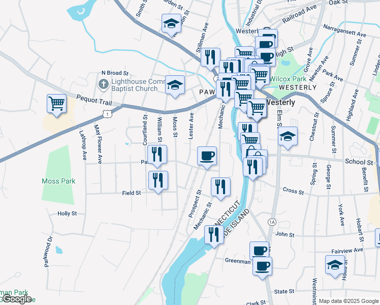 map of restaurants, bars, coffee shops, grocery stores, and more near 25 Palmer Street in Stonington