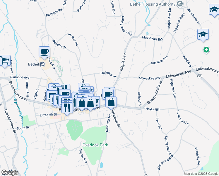 map of restaurants, bars, coffee shops, grocery stores, and more near 40 Main Street in Bethel
