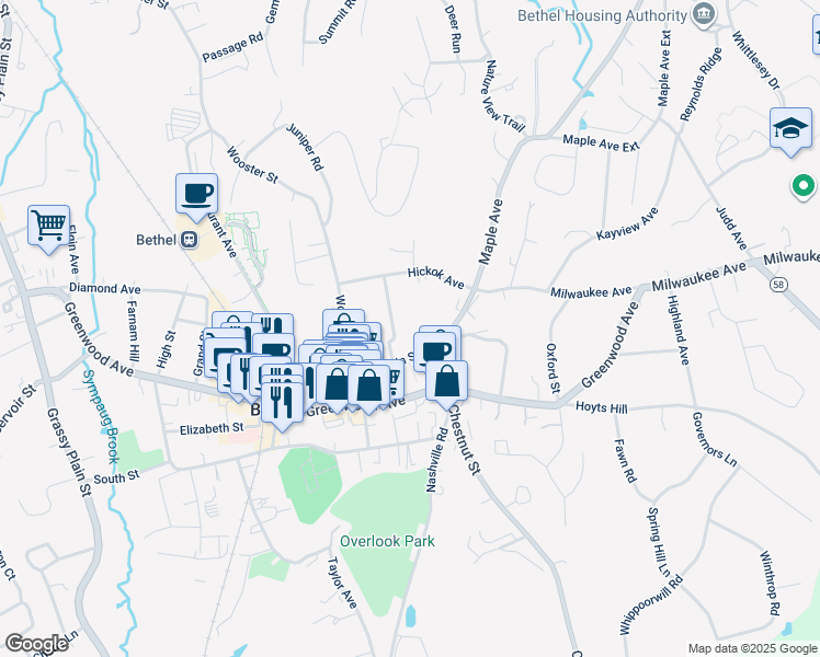 map of restaurants, bars, coffee shops, grocery stores, and more near 40 Main Street in Bethel