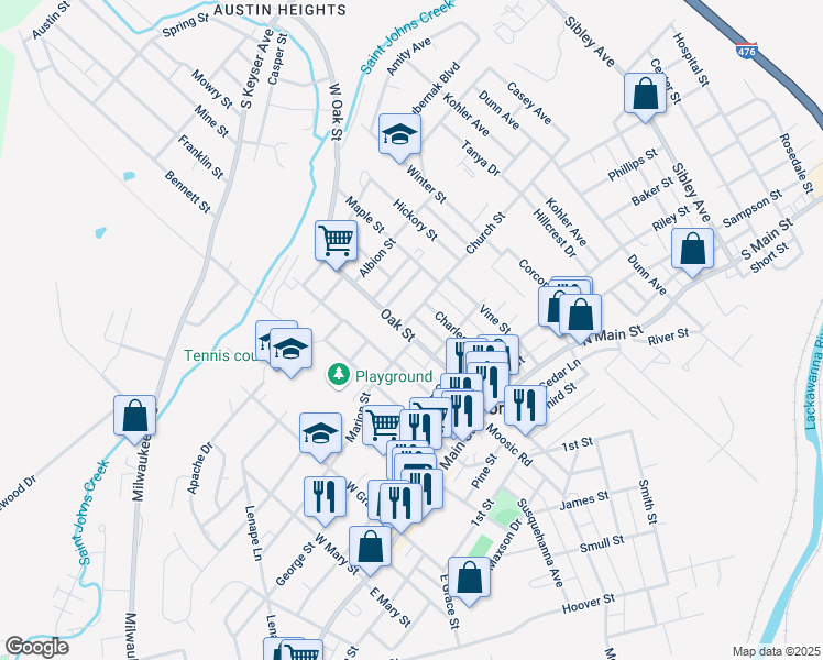 map of restaurants, bars, coffee shops, grocery stores, and more near 316 Oak Street in Old Forge