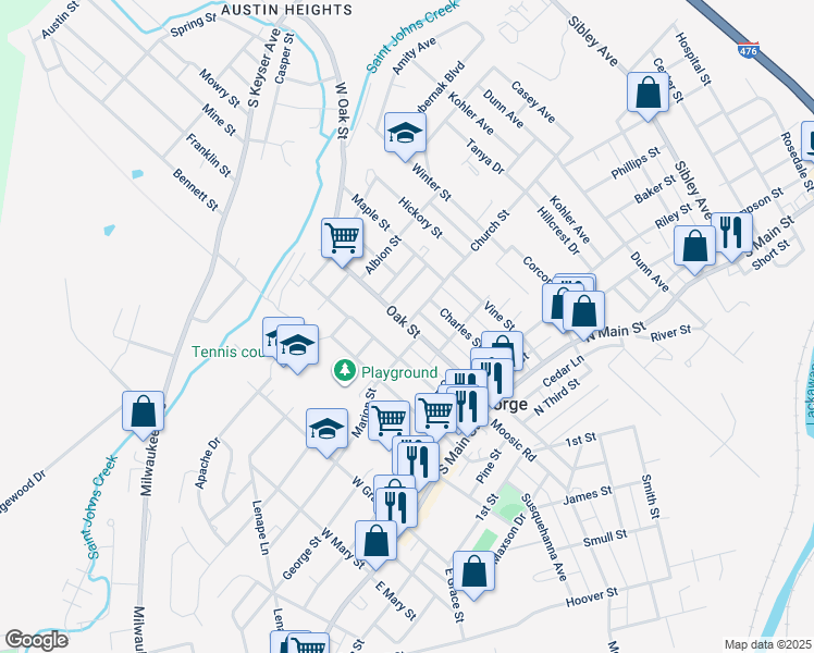map of restaurants, bars, coffee shops, grocery stores, and more near 316 Oak Street in Old Forge