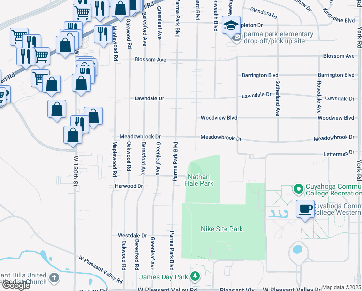 map of restaurants, bars, coffee shops, grocery stores, and more near 7017 Parma Park Boulevard in Parma Heights