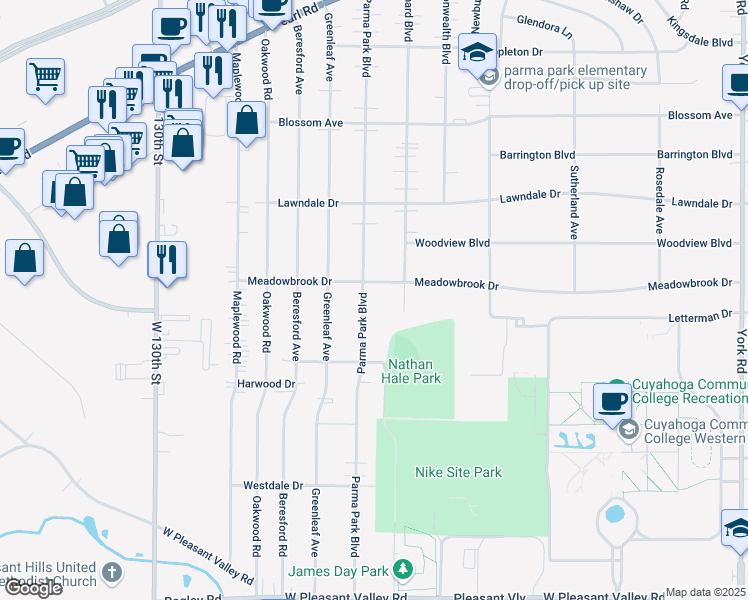 map of restaurants, bars, coffee shops, grocery stores, and more near 7017 Parma Park Boulevard in Parma Heights