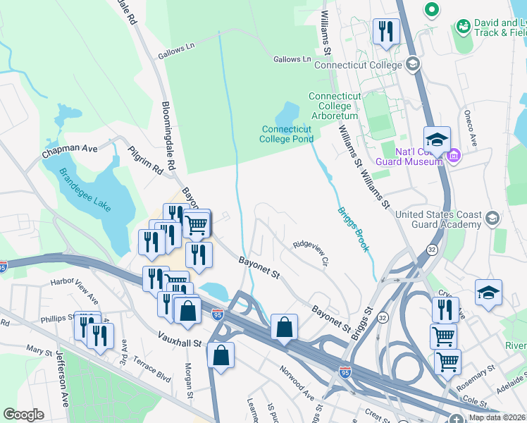 map of restaurants, bars, coffee shops, grocery stores, and more near 61 Hawthorne Drive North in New London