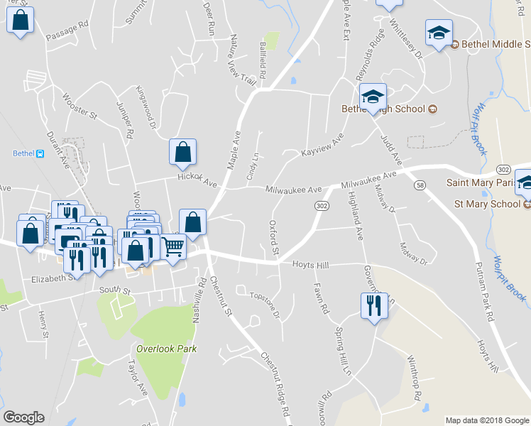 map of restaurants, bars, coffee shops, grocery stores, and more near 7 Oxford Street in Bethel