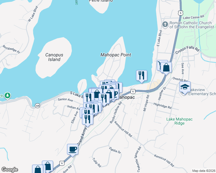 map of restaurants, bars, coffee shops, grocery stores, and more near 947 South Lake Boulevard in Mahopac