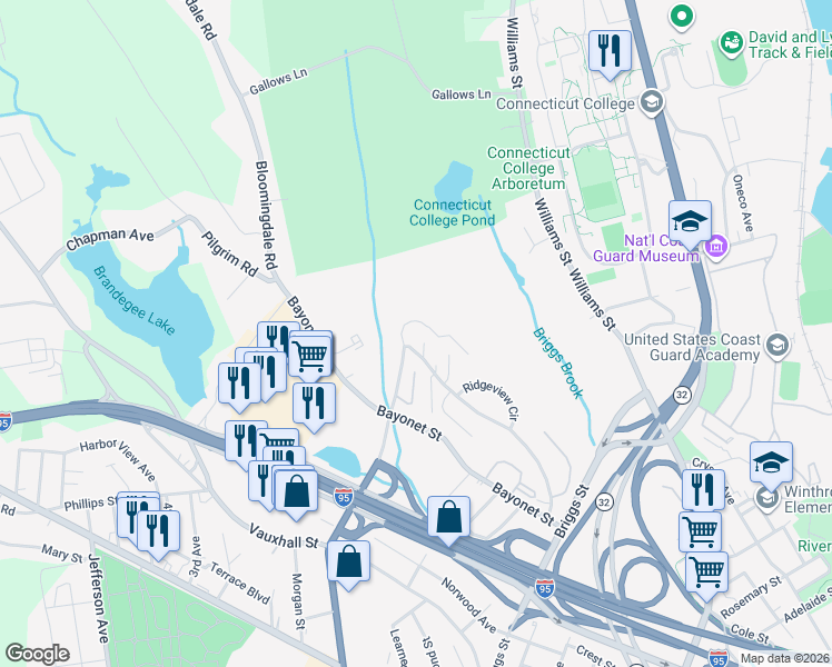 map of restaurants, bars, coffee shops, grocery stores, and more near 89 Hawthorne Drive North in New London