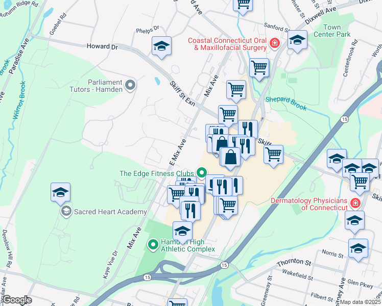 map of restaurants, bars, coffee shops, grocery stores, and more near 739 Mix Avenue in Hamden
