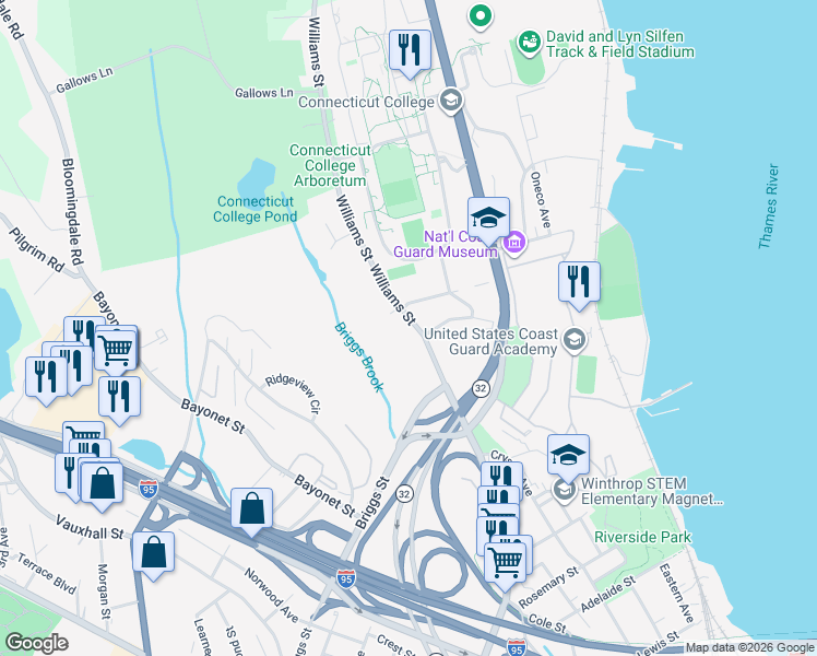 map of restaurants, bars, coffee shops, grocery stores, and more near 640 Williams Street in New London