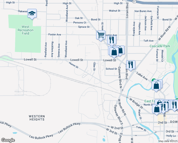 map of restaurants, bars, coffee shops, grocery stores, and more near 317 Huron Street in Elyria