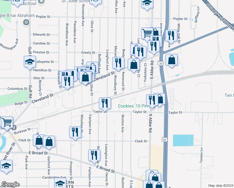 map of restaurants, bars, coffee shops, grocery stores, and more near 164 Woodbury Street in Elyria