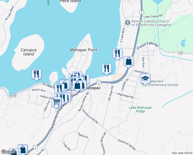 map of restaurants, bars, coffee shops, grocery stores, and more near 646 U.S. 6 in Mahopac