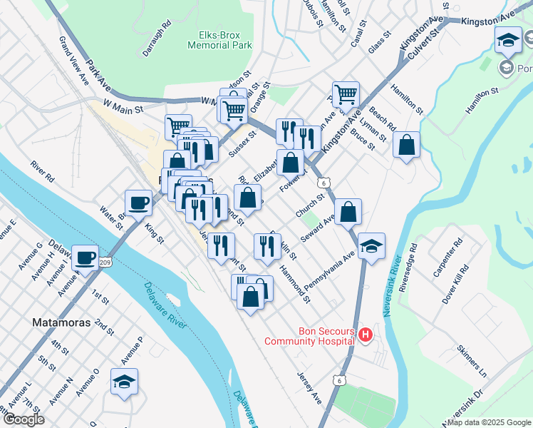 map of restaurants, bars, coffee shops, grocery stores, and more near 39 Franklin Street in Port Jervis