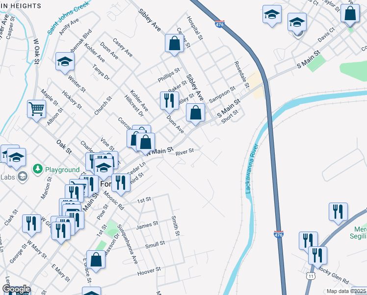 map of restaurants, bars, coffee shops, grocery stores, and more near 300-334 River St in Old Forge