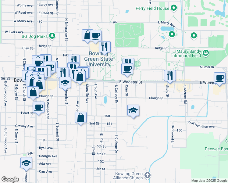 map of restaurants, bars, coffee shops, grocery stores, and more near 835 Clough Street in Bowling Green