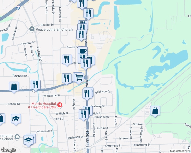 map of restaurants, bars, coffee shops, grocery stores, and more near 322 Maple Drive in Morris