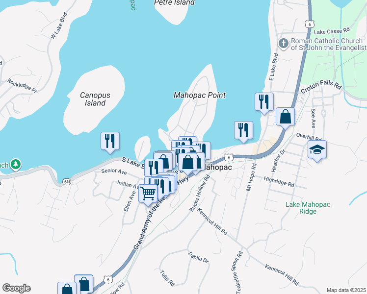 map of restaurants, bars, coffee shops, grocery stores, and more near 7 Tamarack Road in Mahopac