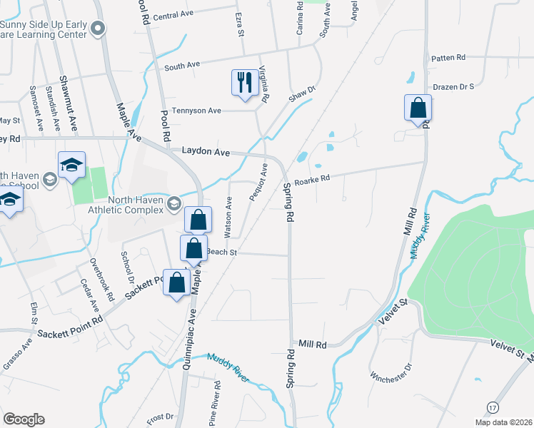 map of restaurants, bars, coffee shops, grocery stores, and more near 291 Spring Road in North Haven