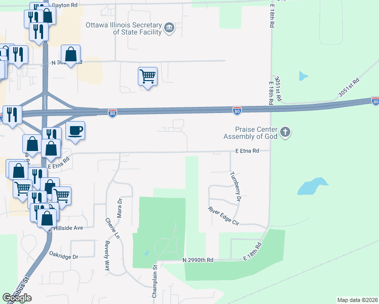 map of restaurants, bars, coffee shops, grocery stores, and more near 799 East Etna Road in Ottawa