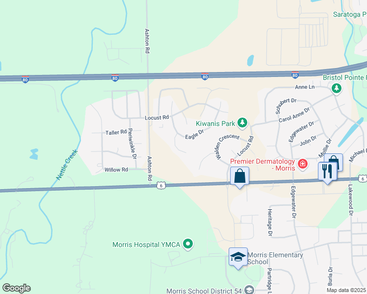 map of restaurants, bars, coffee shops, grocery stores, and more near 1836 Sunset Lane in Morris