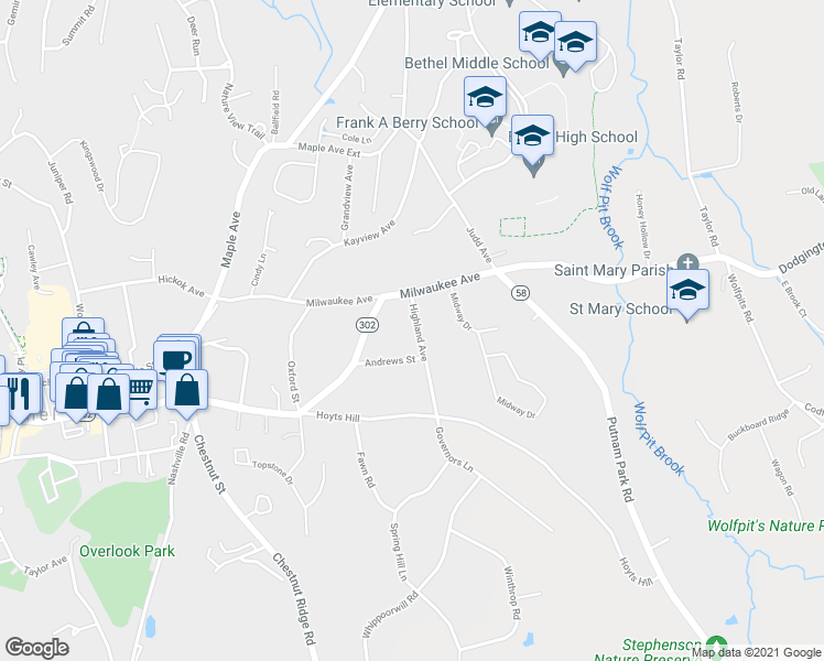 map of restaurants, bars, coffee shops, grocery stores, and more near 7 Highland Avenue in Bethel