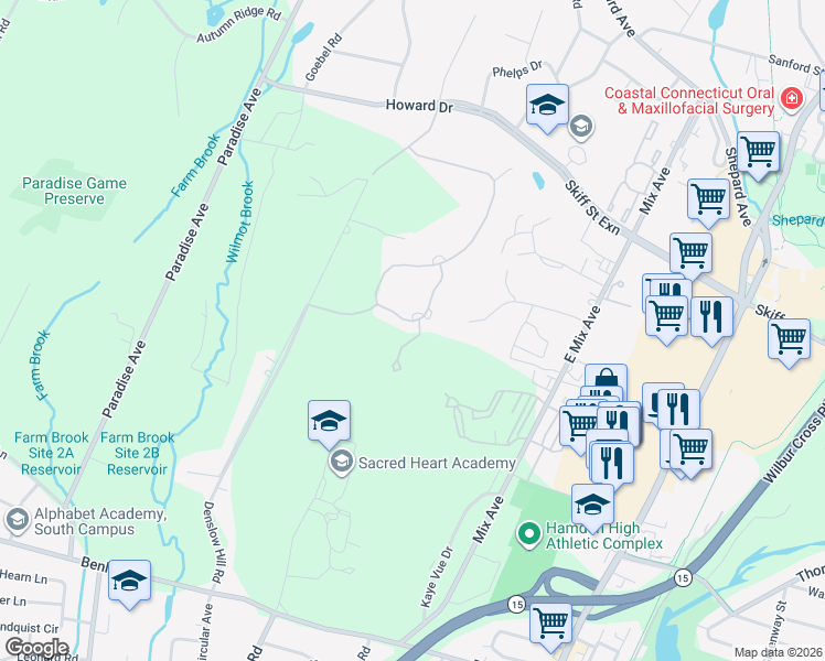 map of restaurants, bars, coffee shops, grocery stores, and more near 29 Canterbury Road in Hamden