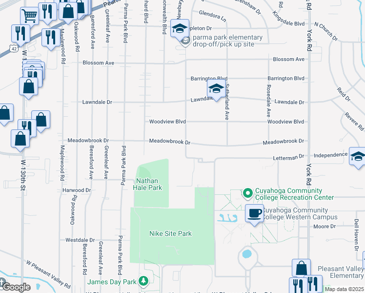 map of restaurants, bars, coffee shops, grocery stores, and more near 11819 Meadowbrook Drive in Parma Heights