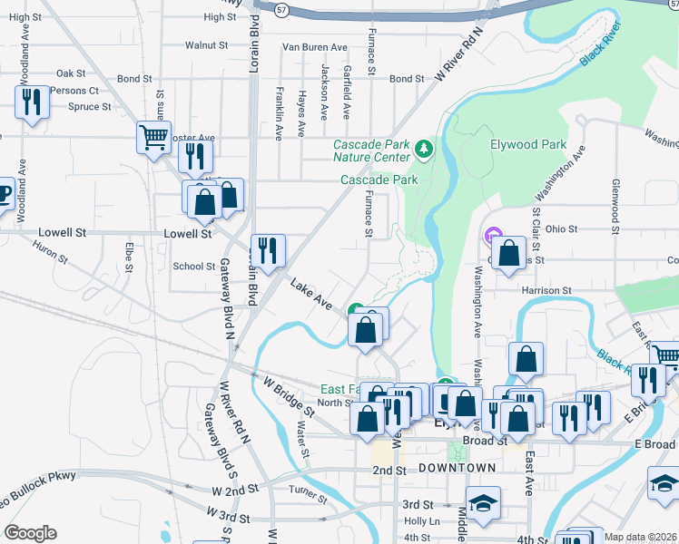 map of restaurants, bars, coffee shops, grocery stores, and more near 123 Floral Court in Elyria