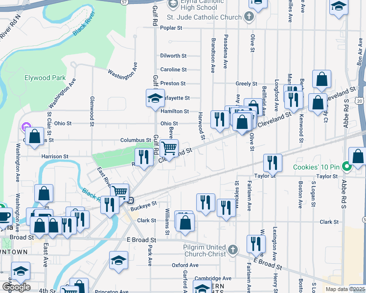 map of restaurants, bars, coffee shops, grocery stores, and more near 143 Cleveland Street in Elyria