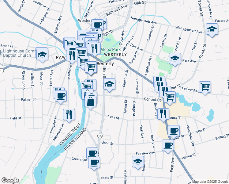 map of restaurants, bars, coffee shops, grocery stores, and more near 27 School Street in Westerly