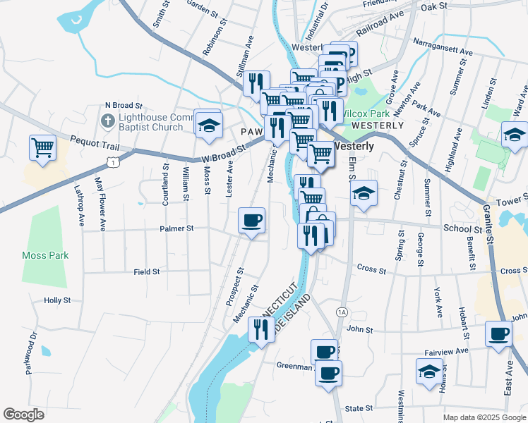map of restaurants, bars, coffee shops, grocery stores, and more near 82 Mechanic Street in Stonington