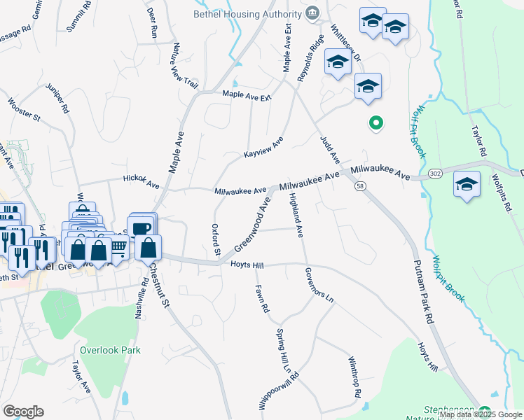 map of restaurants, bars, coffee shops, grocery stores, and more near 16 Greenwood Avenue in Bethel