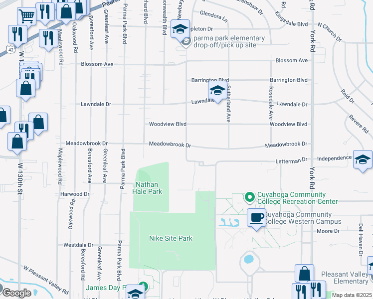map of restaurants, bars, coffee shops, grocery stores, and more near 11819 Meadowbrook Drive in Parma Heights