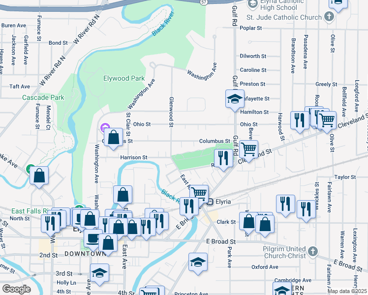 map of restaurants, bars, coffee shops, grocery stores, and more near 109 Glenwood Street in Elyria