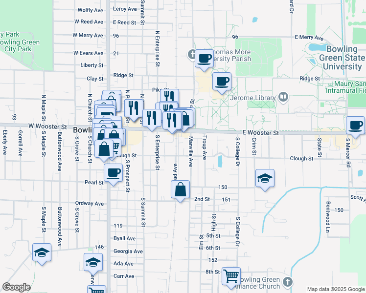 map of restaurants, bars, coffee shops, grocery stores, and more near 428 Clough Street in Bowling Green