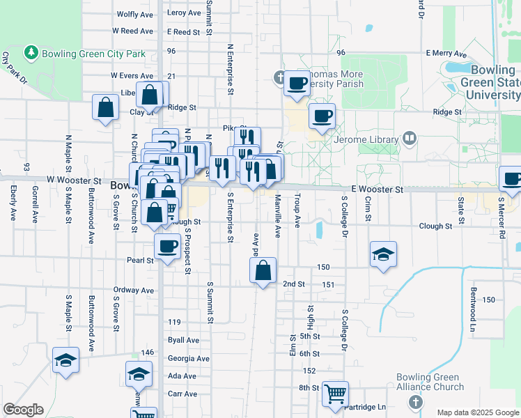 map of restaurants, bars, coffee shops, grocery stores, and more near 428 Clough Street in Bowling Green