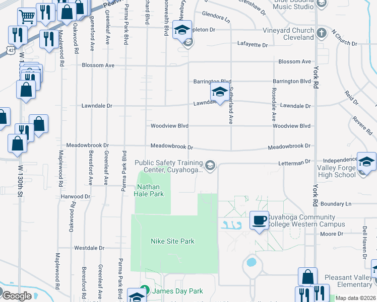 map of restaurants, bars, coffee shops, grocery stores, and more near 7029 Homewood Avenue in Parma Heights