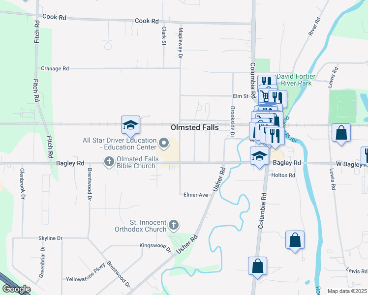 map of restaurants, bars, coffee shops, grocery stores, and more near 8133 Mapleway Drive in Olmsted Falls