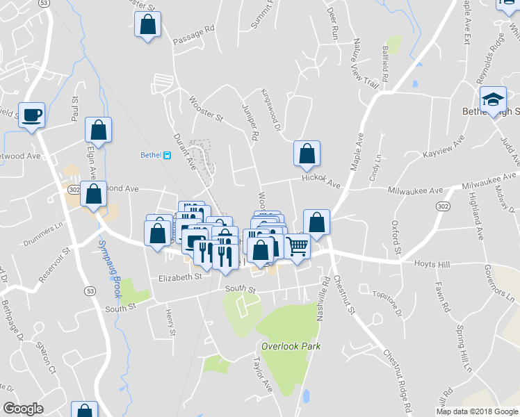 map of restaurants, bars, coffee shops, grocery stores, and more near 20 Wooster Street in Bethel